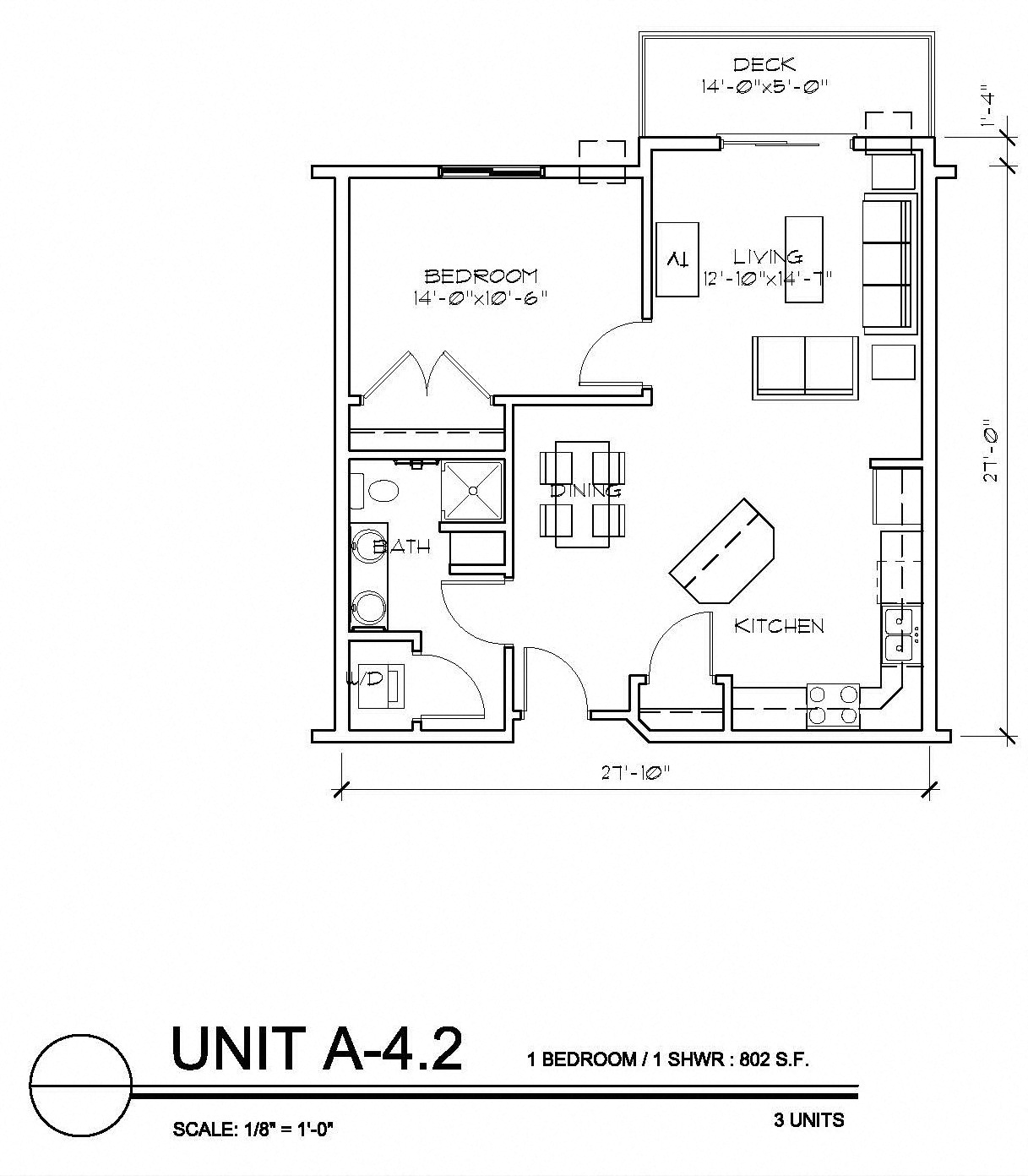 Floor plan for 1 bed, 1 bath, 802 sqft